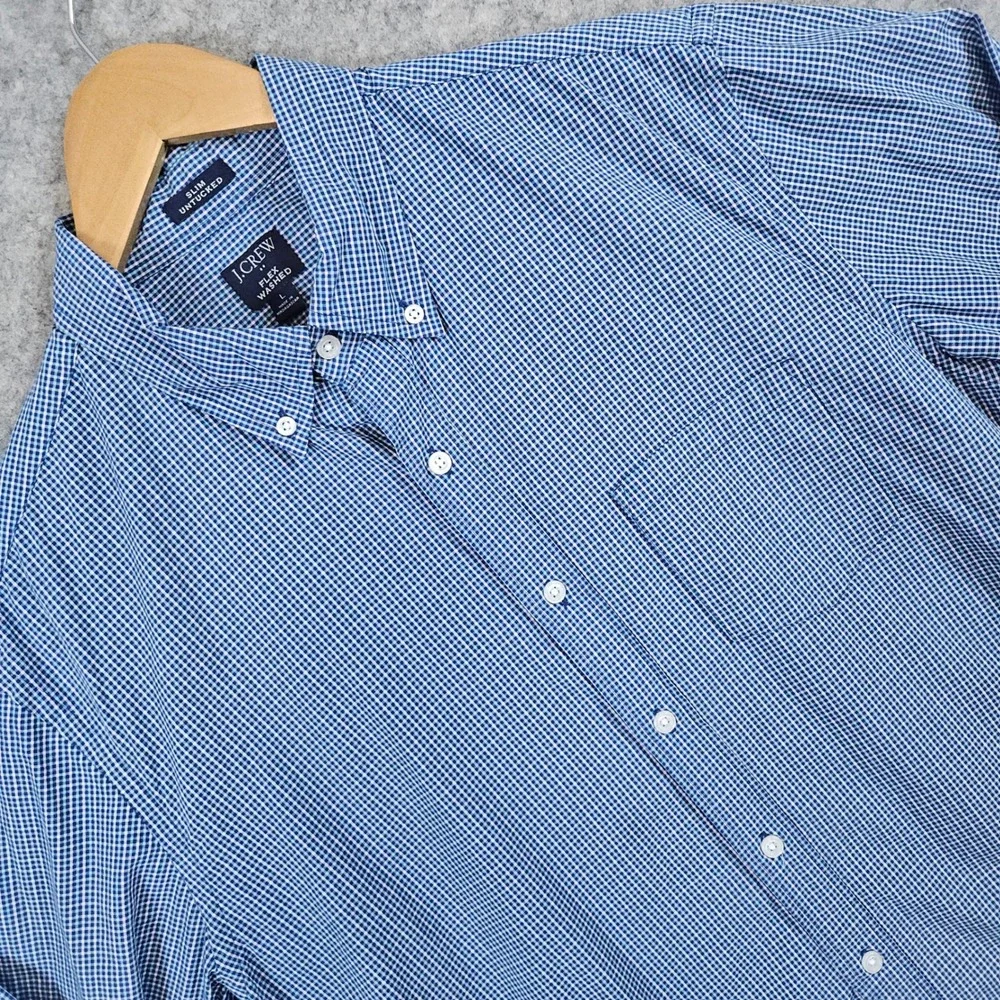 J Crew‎ Men's Slim Untucked Flex Washed Blue & White Mini-Checked Shirt Size L